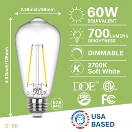 Sigalux EcoBright, T20 Compliant LED Edison Light Bulbs,E26 LED Bulb ST58 Filament Clear Dimmable Vintage Light Bulbs 60W Equivalent,2700K Soft White,700LM,CIR90 15,000hrs 6 Pack