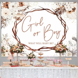 Sensfun Gender Reveal Backdrop Girl or Boy Sign Banner Boho Pampas Grass Floral Baby Shower Photography Background Bohemian Gender Reveal Party Decorations Supplies Photo Booth Props 7x5ft