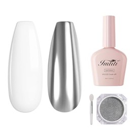 Imtiti White Gel Nail Polish with Chrome Metal Nail Powder Kit, 10ML White Gel Polish and 1g Silver Meatllic Mirror Effect Shimmer Nail Powder for UV DIY Kit