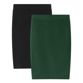 Noomelfish Girls 2 Pack Knee Length Pencil Skirts Plain Stretch Cotton Modest Skirt, Black/Green 2 Pack, Size 11-12 Years
