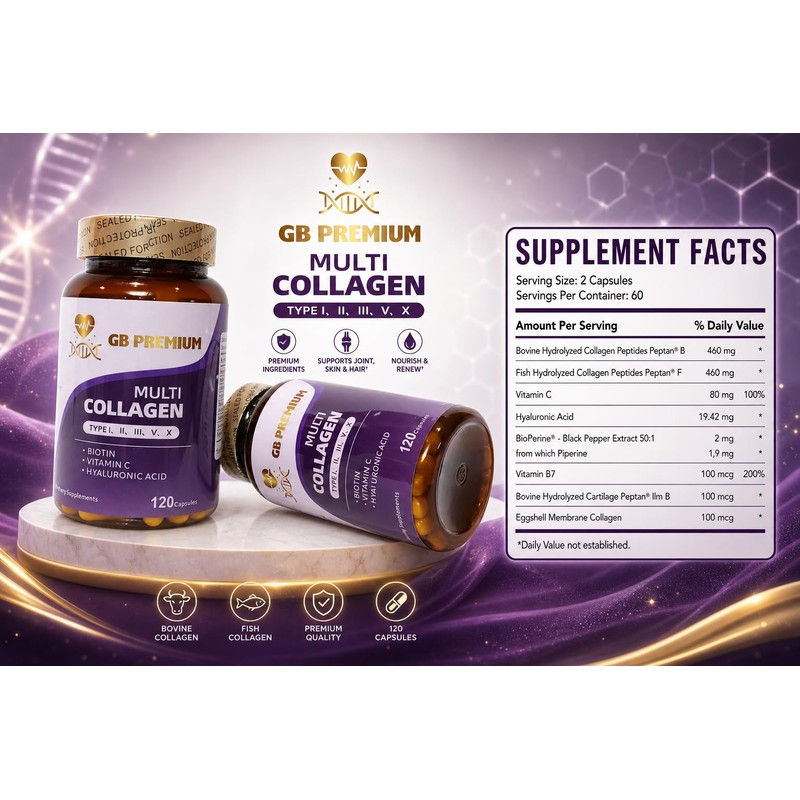 GB Premium Multi Collagen Capsules, Type I, II, III, V