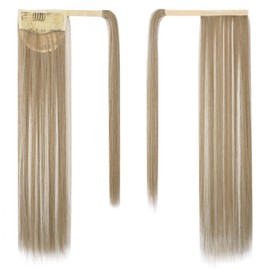 BARSDAR Wrap Around Straight Ponytail Extensions - 18 Inch Long Straight Ponytails for Women, Clip in Ponytail Hair Extensions Synthetic Pony Tails Hairpieces - Medium Blonde with Highlights