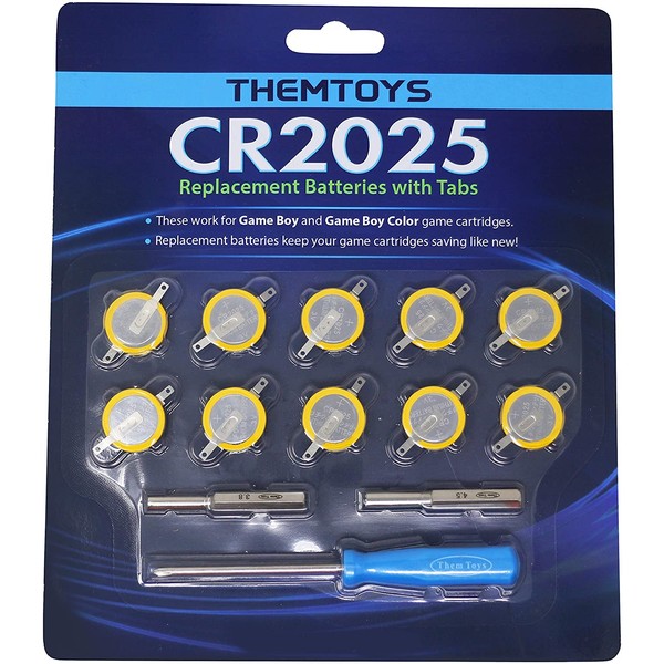 ThemToys 10 Pack CR2025 Batteries with Tabs and 3.8mm, 4.5mm, Triwing Screwdriver Set - Replacement 3v Lithium Battery Game Boy, Pokemon, Zelda Games