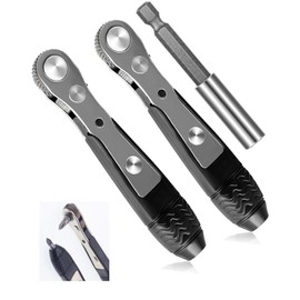 Mini Ratchet, 2 Pieces 1/4 Inch Drive Micro Ratcheting Bit Driver with1 Pieces 1/4 Magnetic Extension Socket Drill Bit Holder, 90 Degree Offset Right Angle Screwdriver Small Ratchet for Tight Spaces