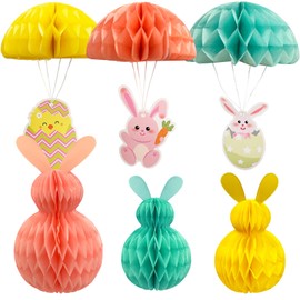Eambrite 6 PCS Easter Bunny Decorations Honeycomb Paper Ball, Hanging Paper Ornaments with 50 LEDs Fairy Lights, Spring Easter Decorations Set for Home Party (Pink Blue Yellow, 5m)