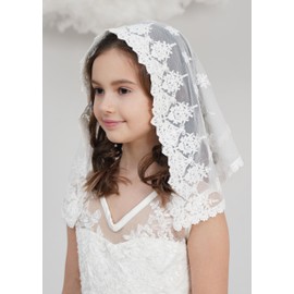 Leimandy Girls First Communion Veil - Lace Mantilla Veil for Catholic Baptism & Church Mass, Ivory Chapel Veil for Holy Communion Ceremony V61 (Ivory)
