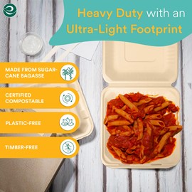 ECO SOUL 100% Compostable Clamshell Take Out Food Containers [8X8 50-Pack] Heavy-Duty Disposable To Go Eco-Friendly, Biodegradable Takeout Containers With Lid
