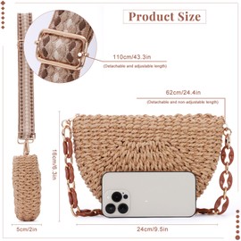 SUKUTU Women Half Circle Braided Shoulder Bag Straw Beach Bag Braided Shoulder Bag with Chain Shoulder Strap, Brown