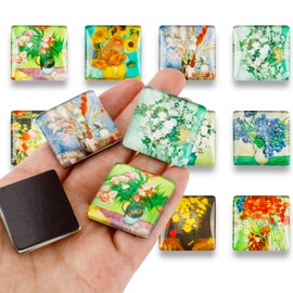 Square Fridge Magnet Crystal Glass Van Gogh Oil Painting Refrigerator Magnets,Cute Kitchen Magnets for Office Whiteboard, Cabinet, Dishwasher, Locker（12Pcs）