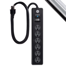 GE 6-Outlet Surge Protector, 3 Ft Extension Cord, Power Strip, 800 Joules, Heavy Duty Plug, Twist-to-Close Safety Covers, Protected Indicator Light, UL Listed, Black, 47224