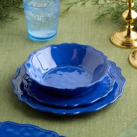 Isabella Blue 12-Piece Melamine Dinnerware Set for 4 – Regal Indigo Blue Glaze Plates & Bowls, Scalloped Edges, Durable Unbreakable Set for Indoor Dining, Picnics, and Entertaining