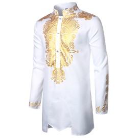 ZEROYAA Men's Africa Suit Long Sleeve Print Dashiki and Pants Outfit Traditional 2 Piece Set White Gold Large