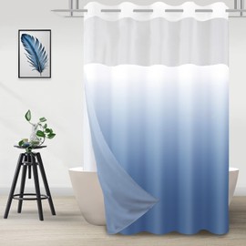 No Hook Ombre Light Blue Shower Curtain with Snap in Fabric Liner Set, Modern Hotel Style Design for Bathroom, Double Layer Ringless with See Through Mesh Top Window, 71" x 74"