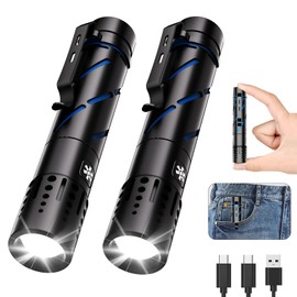 Rechargeable Flashlight with Long Beam and Belt Clip Small Flashlight with 5 Modes Zoomable Waterproof Adjustable Brightness High Lumens Powerful Handheld Flashlight for Outdoor Emergency Camping