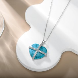 SHINYKEND Turquoise Heart Necklace with Cross for Girls Women, 925 Sterling Silver Heart CZ Cross Pendant Jewelry Gifts Valentine's Day Birthday Mother’s day (Heart Cross)