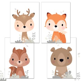 Set of 4 Children's Room Posters Animals Beige Children's Room Decorative Posters DIN A4 Pictures Boho Baby Room Decoration for Boys Girls Watercolour Forest Animals Wall Decoration Children's Room