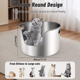 Bartuke Stainless Steel Litter Box, 17.4” x 11" Large Round High Sided Metal Cat Litter Box Tray with Scoop, Filter Pedal & Litter Mat, Non-Sticky, Non-Odor, Easy Cleaning