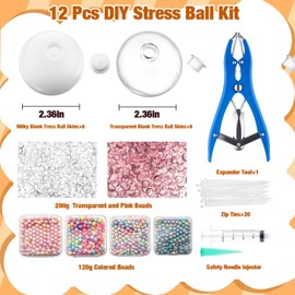 Simgoing 12 Sets DIY Stress Ball Making Kit Milky Blank Stress Ball DIY Kit with 12 Skins Empty Squeeze Balls Fill Beads Expander Tool Vacuum Evacuating Device for Make Your Own Pressure Balls