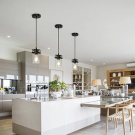 foucasal 3 Pack Industrial Pendant Lighting Fixtures, Hanging Pendant Lights with Seeded Glass Shade, Black Ceiling Light Fixture Adjustable Farmhouse Pendant Light for Kitchen Island Dining Room