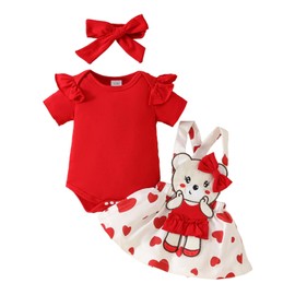 LUVCES Newborn Baby Girl Skirt Sets Ruffle Top + Plaid/Dots/Bowknot Overalls Braces Dress + Headband Summer Autumn Winter Clothing Outfits Set, H: Cartoon Bear Red Heart, 12 - 18 months