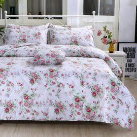 FADFAY Rose Floral Comforter Set Queen Shabby Floral Summer Quilt 100% Cotton Fabric & Soft Microfiber Inner Fill Bedding Lightweight Reversible All Season Down Alternative Duvet Insert 3Pcs, Queen