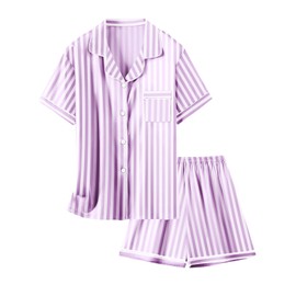 Schbbbta Satin Pajamas for Girls, 2 Pcs Sleepwear Button-Down Short Sleeve Silk Summer Pajama Set for Girls, Lavender Strip, 11-12 Years = Tag 160