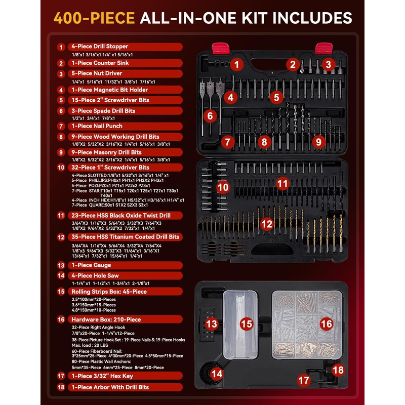 KingTool 400 Pcs Drill Bit Set - Drill Bits Screwdriver