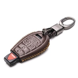 Vitodeco Genuine Leather Smart Key Fob Case Cover Protector with Leather Key Chain Compatible for 2013 - 2020 Dodge Grand Caravan (7-Button, Brown)