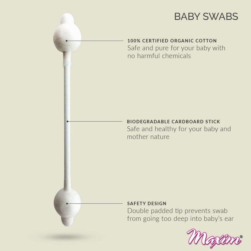 Maxim® Certified Organic Cotton Baby Swabs, Safety Tip, 60 Count