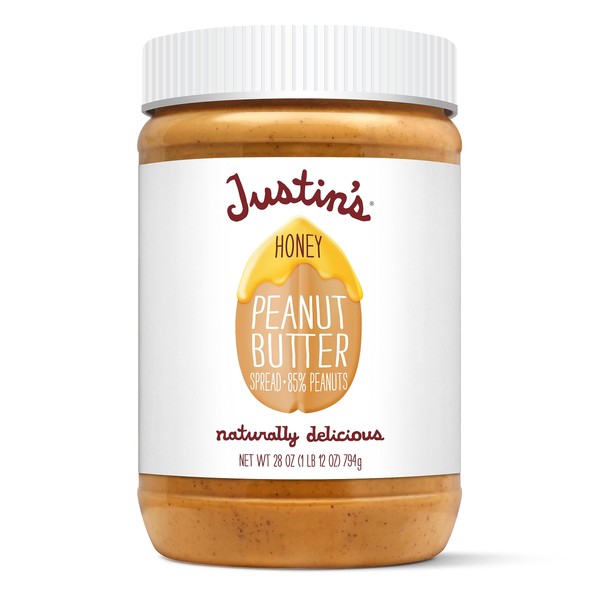 Mantequilla de maní de miel de Justin's, sin revuelta, sin gluten, sin OMG, de origen responsable.