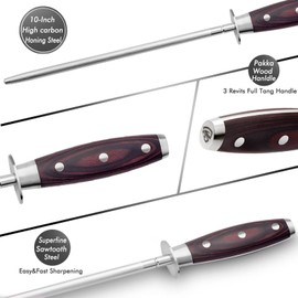 LEVINCHY 10 inch Honing Steel with Pakkawood Handle, Knife Sharpener Rod, Professional Knife Sharpening Steel