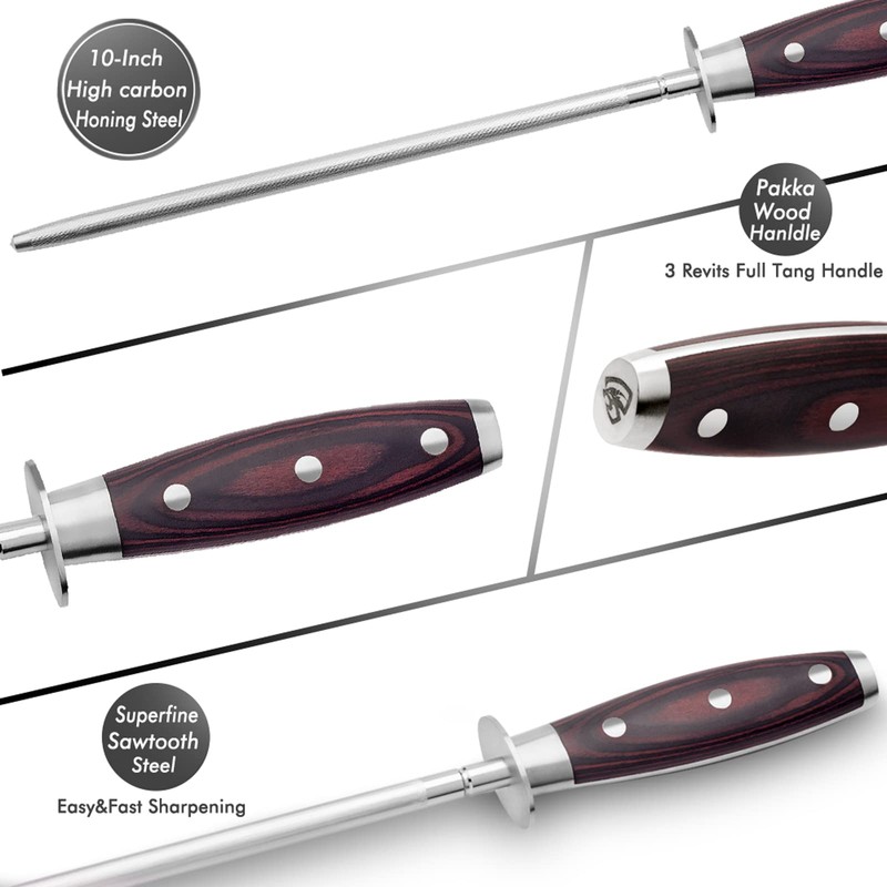 LEVINCHY 10 inch Honing Steel with Pakkawood Handle, Knife Sharpener