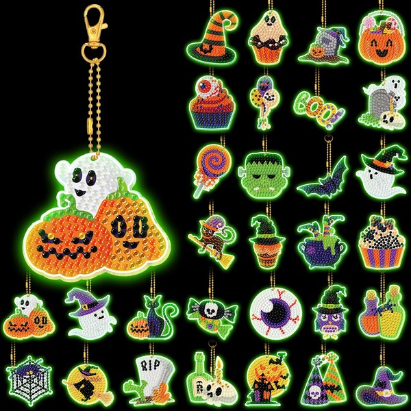 WILLBOND 30 Pcs Glow in Dark Halloween Diamond Art Keychain