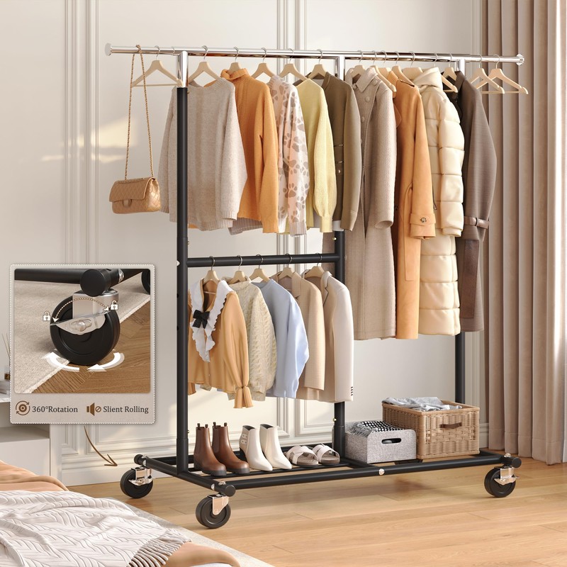 Raybee Heavy Duty Clothes Rack, Adjustable Clothing Rack with Wheels,