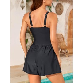 Smismivo Swim Romper Tummy Control Swismuit with Short and Pockets Modest Bathing Suit Slimming Swim Suit Padded Swimwear, Black, X-Large