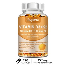 Buporai Natural Premium Raw Vitamin D3 + K2, Extra Virgin Olive Oil, Plant-Based Vitamin D3 5000IU & Vitamin K2 100mcg - Maximum Absorption, 120 Veggie Softgels