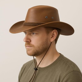 Komonee Cowboy Hat Brown PU Distressed Leather Western Sun Cap Fancy Dress Party Costume Outfit Accessory Travel Outdoor Sun Protection Mens Womens Fashion