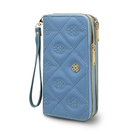 AdiStylinno Leather Purses for Women, Ladies Embroidery Double Zip Long Phone Wallet, Large Capacity Credit Card Holder Clutch Purse with Wrist Strap and Zipper Pocket (Blue)