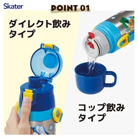 Skater SKDC4-A Children's Stainless Steel Water Bottle, 2-Way Direct Drinking, 16.5 fl oz (470 ml), Cup Drinking, 15.2 fl oz (430 ml), Lightweight Type, For Kids, Thermal, Cold Insulation, Sports