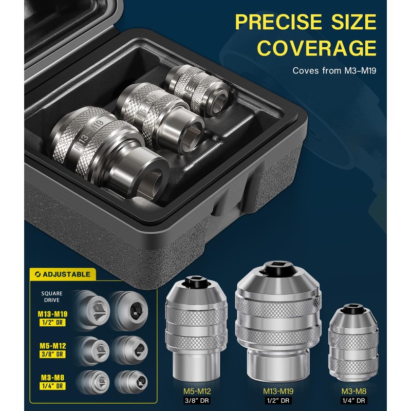 Adjustable Tap Socket Set, 3-Piece Low-Profile Tap Holder for Ratchet