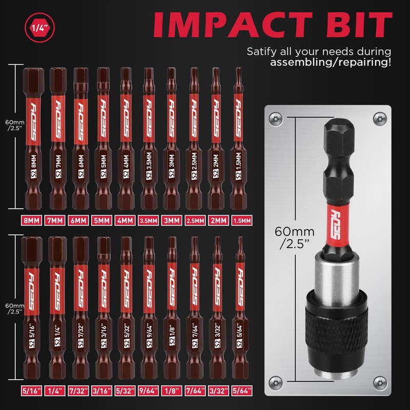 21-Piece 2.5" Hex Head Allen Wrench Drill Bit Set, 1/4"