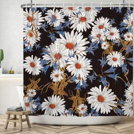 Bovlleetd Vintage Floral Shower Curtain 180 x 200 cm Watercolour Boho Daisy Shower Curtains Retro Botanical Flower Bathroom Decoration Waterproof Bath Curtain with Hooks Washable Bath Curtain