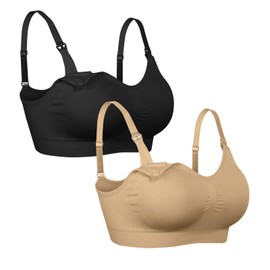 iloveSIA 2Pack Nursing Bra for Women Breastfeeding Nursing Sports Bra Maternity Pregnancy Seamless Wireless Fit Bra Regular & Plus Size Black Nude L
