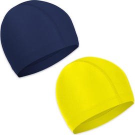 2 Pcs Elastic Swim Caps Comfortable Non-slip Fabric Swimming Hat Lightweight Bathing Caps for Women Men Kids to Swimming (Yellow, Navy Blue)