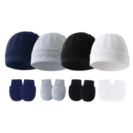 KEOYA 4 Sets Newborn Fetal Cap Gloves Hats and Mittens Girl Hat Baby Glove Hand Mittens Cotton 0-6 Months White Navy Blue Gray Black