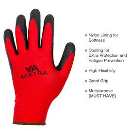 12 pairs, Crinkle Rubber Coated Safety WORK Gloves for Gardening, Construction, Warehouse, for Men & Women, Red Polyester Black Latex Coating, Bulk Pack ACKTRA WG008, Medium