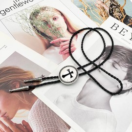 JPJZY BRBAM Fashionable Round Shape Cross Bolo Tie Exquisite Shield and Multi-colored Cross Necktie for Men (Black)