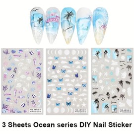 3 Sheets Summer Nail Art Stickers Ocean Nail Art Decals 3D Self-Adhesive DIY Nail Sticker Palm Tree Sea Beach Cloud Jellyfish Butterfly Starfish Nail Supplies for Women Girls Nail Decoration