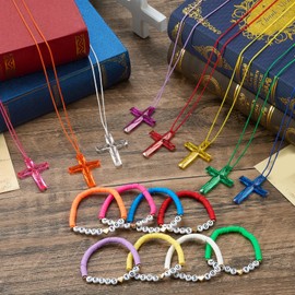 Equsion 48 Pcs Cross Necklaces Christian Religious Party Favors Include 24 Plastic Crystal Cross Necklace DIY Craft Gifts with 24 Bracelet for Vacation Bible Prize Favor (Jesus Loves You)