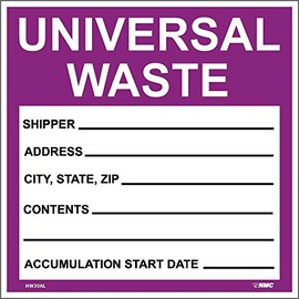 NMC HW30AL Universal Waste Label - [Roll of 500] 6 in. Square PS Paper Hazardous Material Label with White/Black Text on Purple/White Base